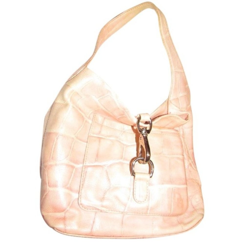 LA-Dooney And Bourke Pink Crocodile Embossed Leather Hobo Bag